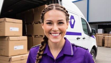 In the photo, a smiling woman in a purple shirt with braids stands against the background of an open van filled with boxes. The vans logo and part of the warehouse are visible behind it.