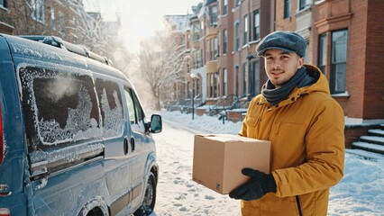 In the photo, the delivery driver stands in the snow next to a white van. He is smiling, holding a cardboard box, dressed in winter clothes, including a hat, gloves and scarf.