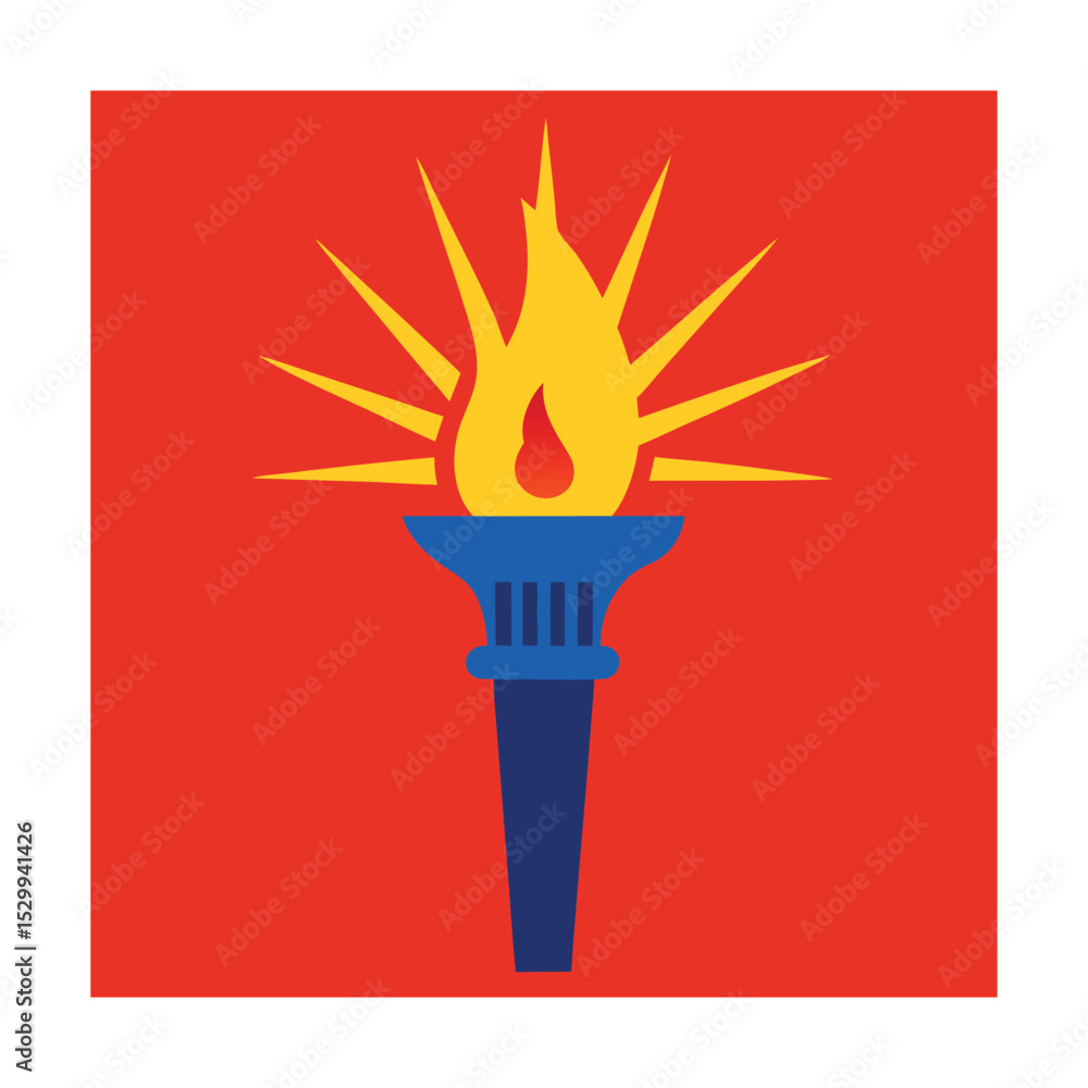 Poster stylized torch symbol with flame and radiating rays in red and blue colors