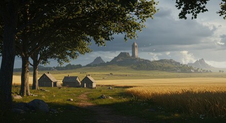 Obraz premium Serene Countryside Scene with Tower