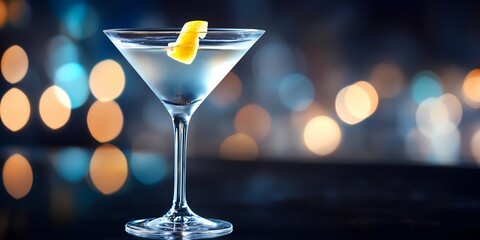 A classic martini, garnished with a twist of lemon, served in a sleek martini glass on a polished black countertop with soft ambient lighting