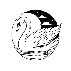 Obraz premium Dreamlike swan and moon logo in soft whites and blues vector illustration