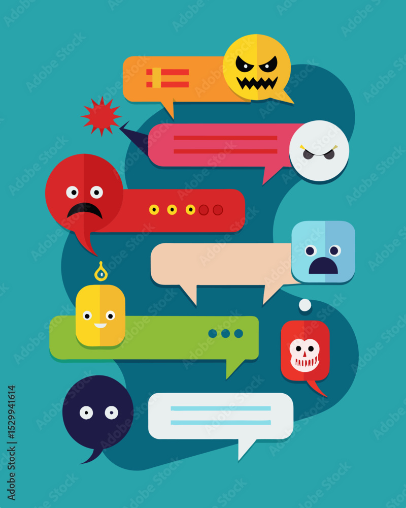 Poster a trail of speech bubbles filled with harmful comments and hurtful jokes creating a toxic online env