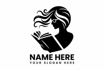 Minimalist black vector logo of studious long-haired woman engrossed in book representing education and knowledge