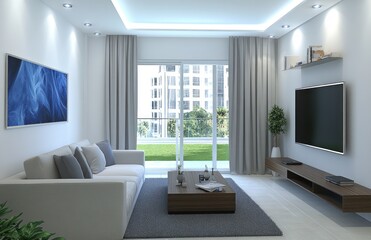 Bright, modern living room with city view