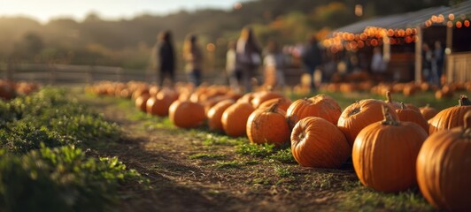The pumpkins line the pathway at a vibrant autumn harvest festival.