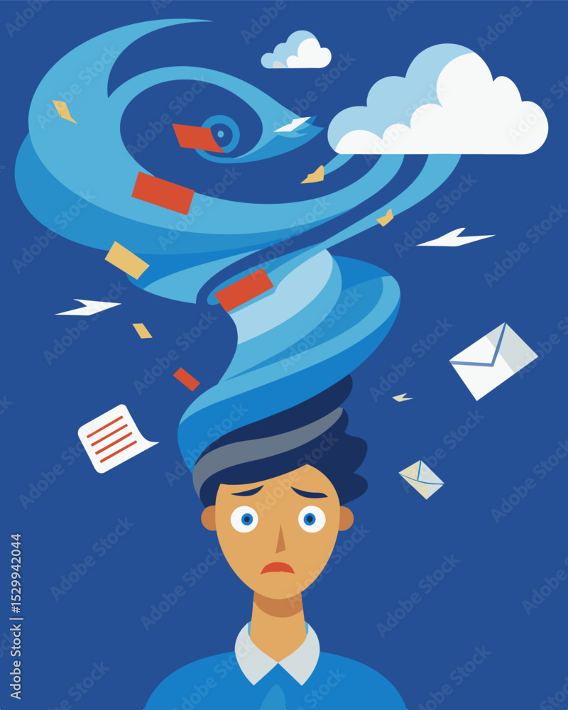 Poster a tornado made up of work emails missed deadlines and endless todo lists swirling out of a persons h
