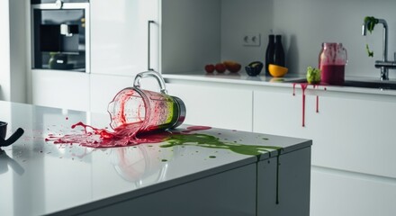 Spilled smoothie on modern white kitchen counter with fresh ingredients and blender