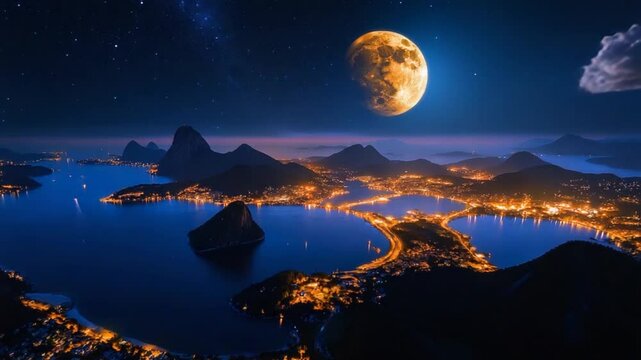Serene Nightscape Overlooking a Coastal City with Illuminated Waterfront and Moonlit Sky