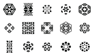 A collection of unique geometric black and white logo designs showcasing various patterns and shapes. Ideal for modern branding and visual identity.