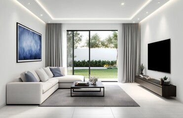 Modern, bright living room with patio view