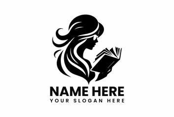 Minimalist black vector logo of studious long-haired woman engrossed in book representing education and knowledge