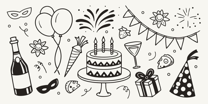 Hand drawn party celebration elements collection