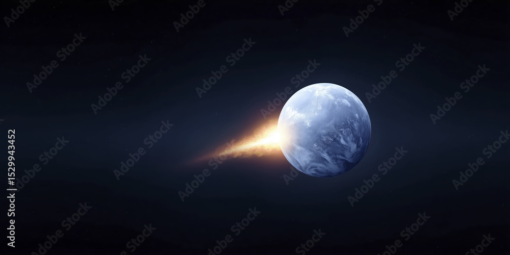 Poster planet in deep space with a fiery comet approaching, showcasing a stunning cosmic scene filled with 