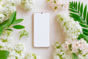 Smartphone mockup with blank screen and white flowers on soft background