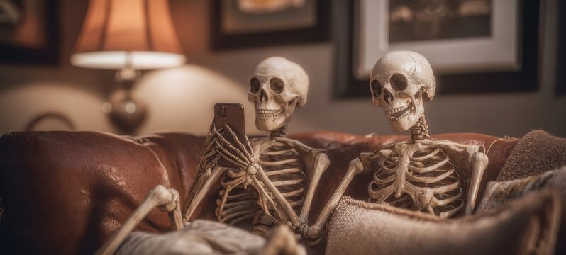 The Skeletons Relaxing on a Couch While Using a Smartphone Together