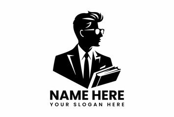 Elegant black silhouette vector logo of professional businessman in suit holding books representing education and intellect