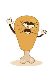 Smiling chicken leg shows like with hands and points in direction. For fast or street food advertising, restaurant. Cute piece of tasty chicken. Appetizing food. Cartoon style. Vector illustration