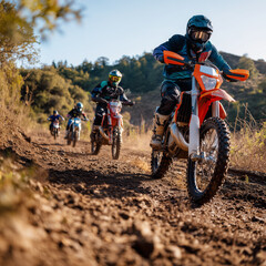 Motocross bikes racing through a rugged off-road.