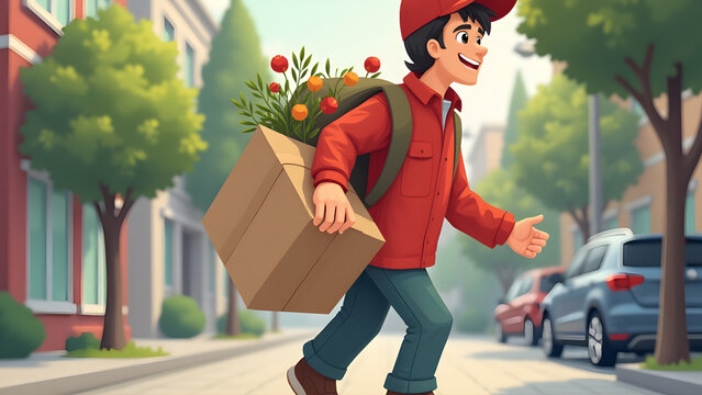 Food delivery worker carrying square bag while heading to a customer location during the day