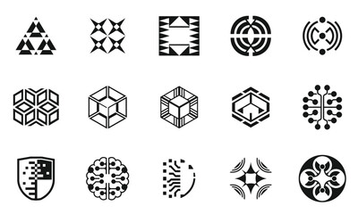 A diverse collection of black and white geometric designs, showcasing intricate patterns and shapes, ideal for creative projects and branding.