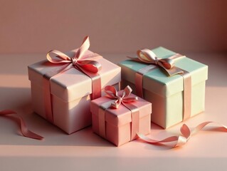 Fototapeta premium Two vintage gift boxes, soft lighting, silk ribbon details , object, gifts, romantic