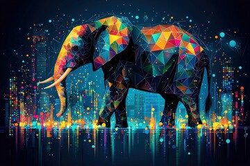 Colorful geometric elephant walking through neon cityscape at night