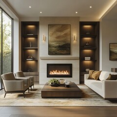 Modern living room with fireplace and built-in shelving (1)
