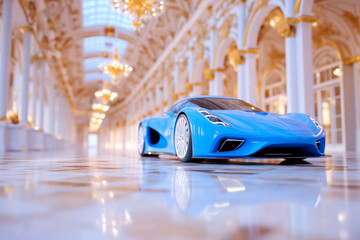 Obraz premium Blue sports car digital render inside grand palace luxury interior