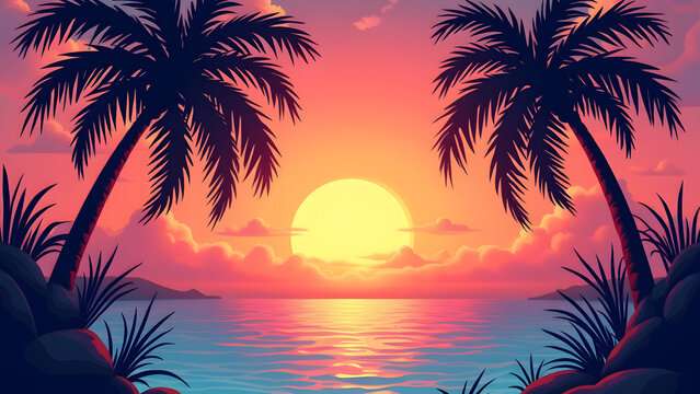 Colorful sunset seascape with palm trees, perfect for summer designs.