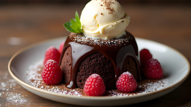 Delicious Molten Chocolate Lava Cake Dessert with Vanilla Ice Cream and Raspberries Food Rich Dark