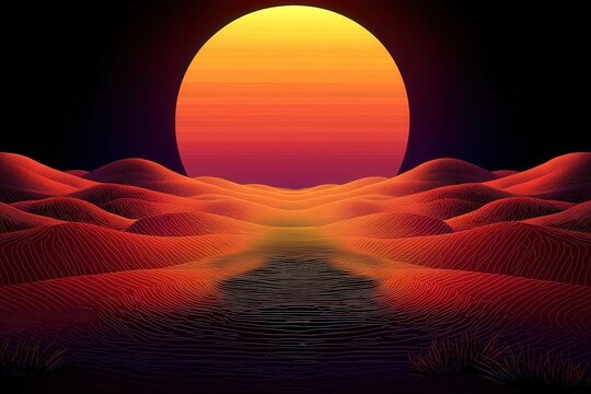 Vibrant sunset over abstract desert landscape: a stunning digital art of rolling sand dunes