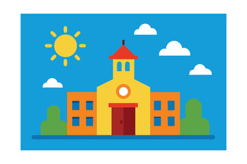 Fototapeta premium Vector Illustration of a School Building on a Sunny Day with Bell Tower