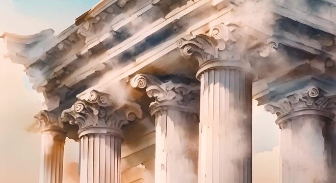 Close up view of a watercolor painting illustrating three detailed ionic columns topped with an entablature 4K
