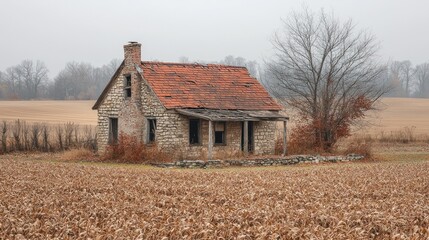 Obraz premium A desolate stone house, weathered and aged, stands alone in a barren, autumnal field under a hazy sky. The dilapidated structure shows signs of significant decay