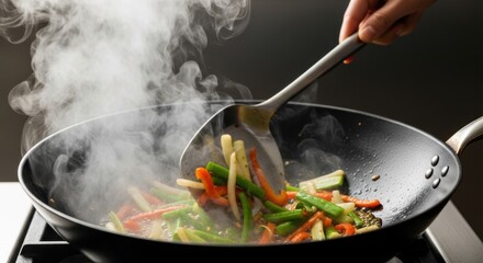 Stir-frying mixed vegetables in wok with steam rising