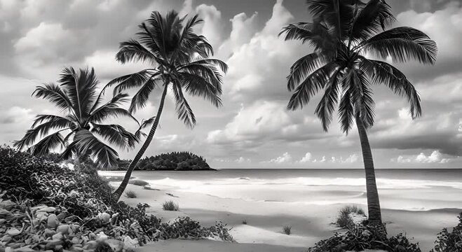 A black and white drawing of a tropical beach scene with two palm trees a cloudy sky and seashells on the sand 4K
