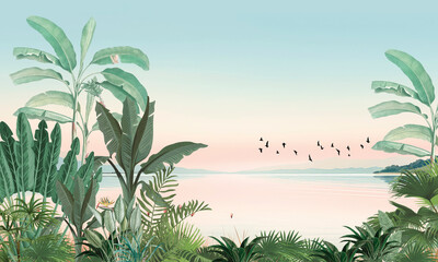 Subtle Nature Wall Mural: Faded Green Foliage, Palms & Pastel Horizon over Lake © csinie1