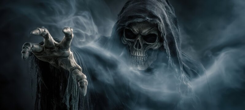 The Grim Reaper Emerges from the Shadows in a Haunting Atmosphere