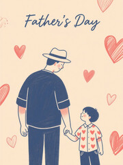 Minimalist Father's Day greeting card with hand-drawn father and child silhouettes on warm beige background, space for message and hearts