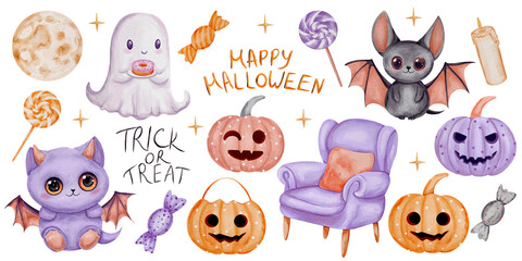 Cute Halloween Watercolor Set with Pumpkins, Ghosts and Bats. Watercolor Halloween clipart set with cute pumpkins, ghost, bat, cat, candy, moon, candle and armchair in pastel colors.