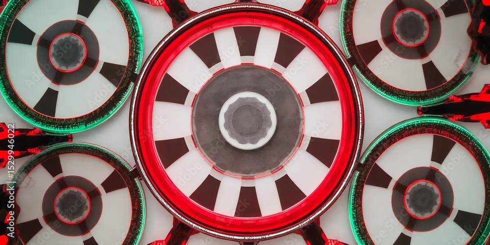 Aufkleber a symmetrical arrangement of circular objects with red and green neon outlines on a white surface