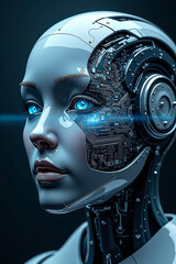 Futuristic blue 3D digital illustration of an android robot woman's head and face with a technological background, blending human and machine concepts