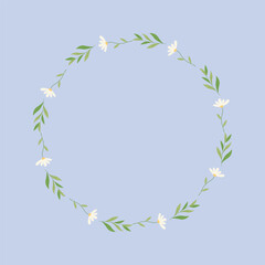 Naklejka premium Floral Wreath with White Daisies and Green Leaves Hand Drawn Botanical Circle Frame