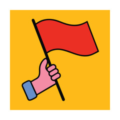 Hand holding a red flag on a yellow background symbolizing achievement or warning