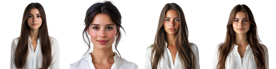 A beautiful woman with straight hair wearing a white blouse, a beautiful woman wearing a shirt, facing forward and looking at the camera on a transparent background
