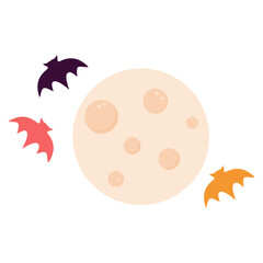 Whimsical moon illustration surrounded by colorful bats isolated on transparent background, creating playful night scene ideal for Halloween themed designs and creative projects. Vector art