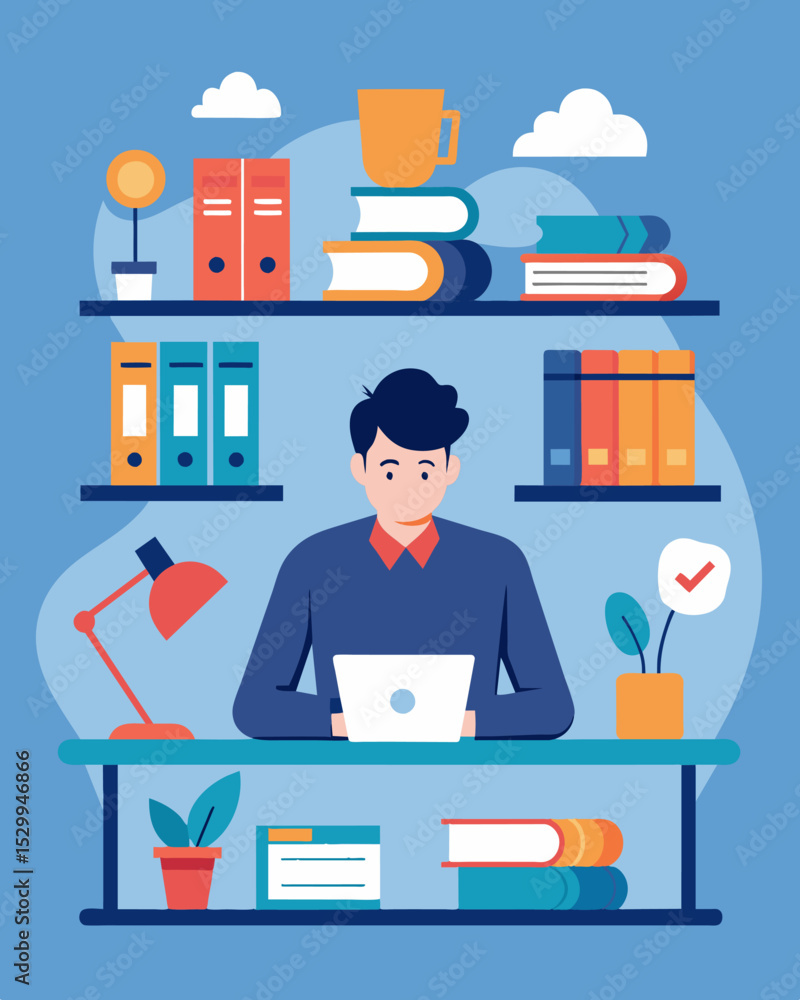 Poster surrounded by shelves of books and documents a person sits at a desk their mind racing as they pour 