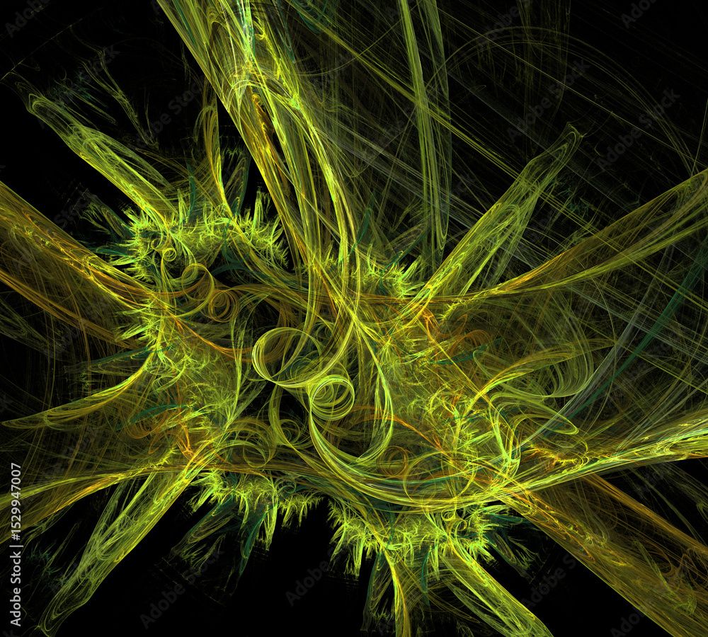 Aufkleber abstract dynamic fractal background with yellow swirling lines on a black background. 3d rendering. 