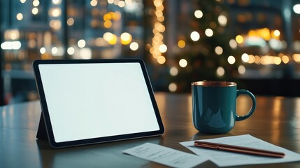 A tablet computer and coffee mug on a wooden table in a blurred Christmas-themed background